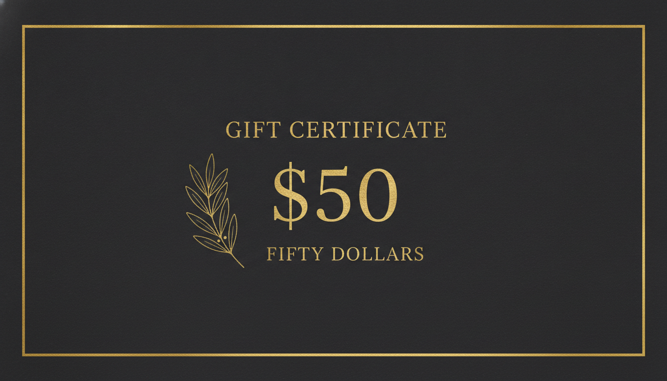 AI gift certificate generator example — a charcoal slate restaurant gift certificate with GIFT CERTIFICATE, a large gold $50 and FIFTY DOLLARS beneath it