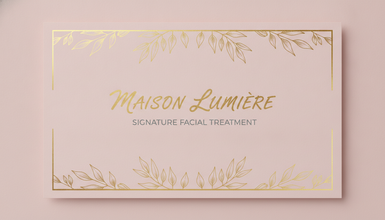 AI gift certificate generator example — a blush pink salon gift certificate with a gold botanical border and the business name set in gold script