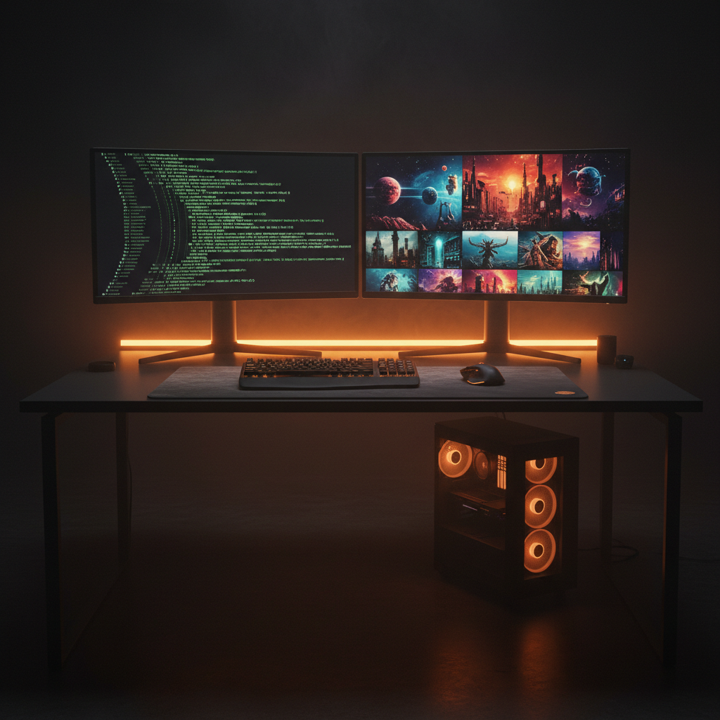 A dual-monitor workstation showing generated text on one screen and an AI image gallery on the other, illustrating the GPT-5 vs AI image generators workflow