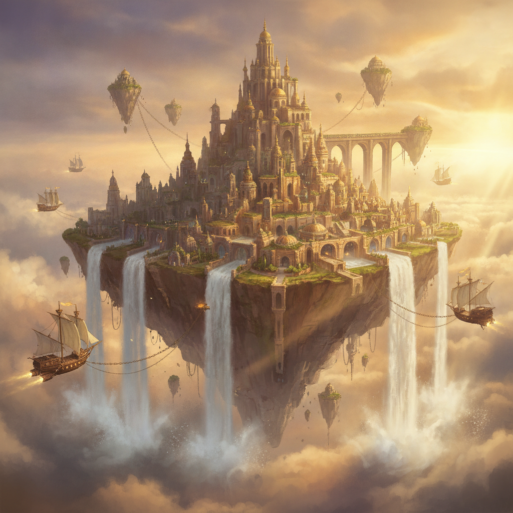 AI generated fantasy concept art of a floating island city at golden hour with dramatic volumetric lighting