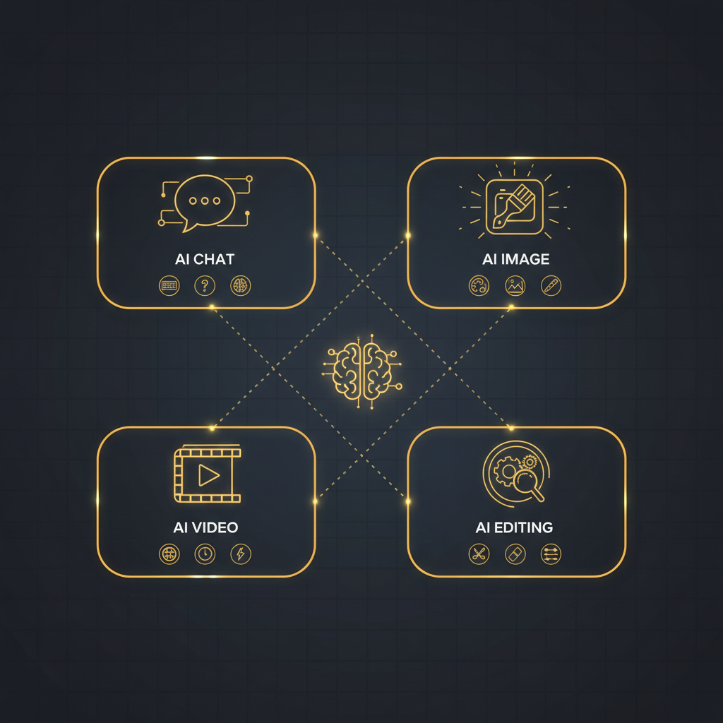 Flat infographic style illustration comparing AI tool categories for chat, image, video and editing