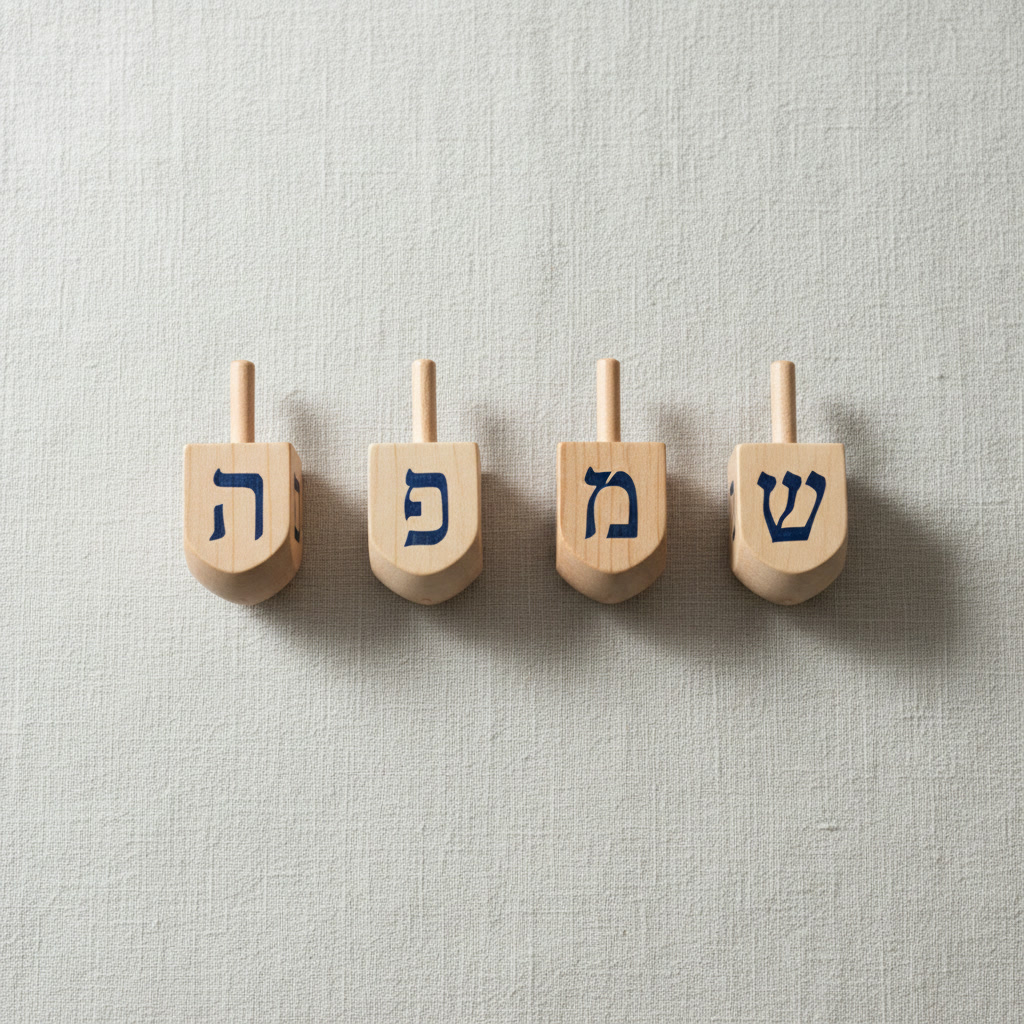 AI Hanukkah card generator example — four wooden dreidels in a row on pale linen, each painted with a single blue Hebrew letter
