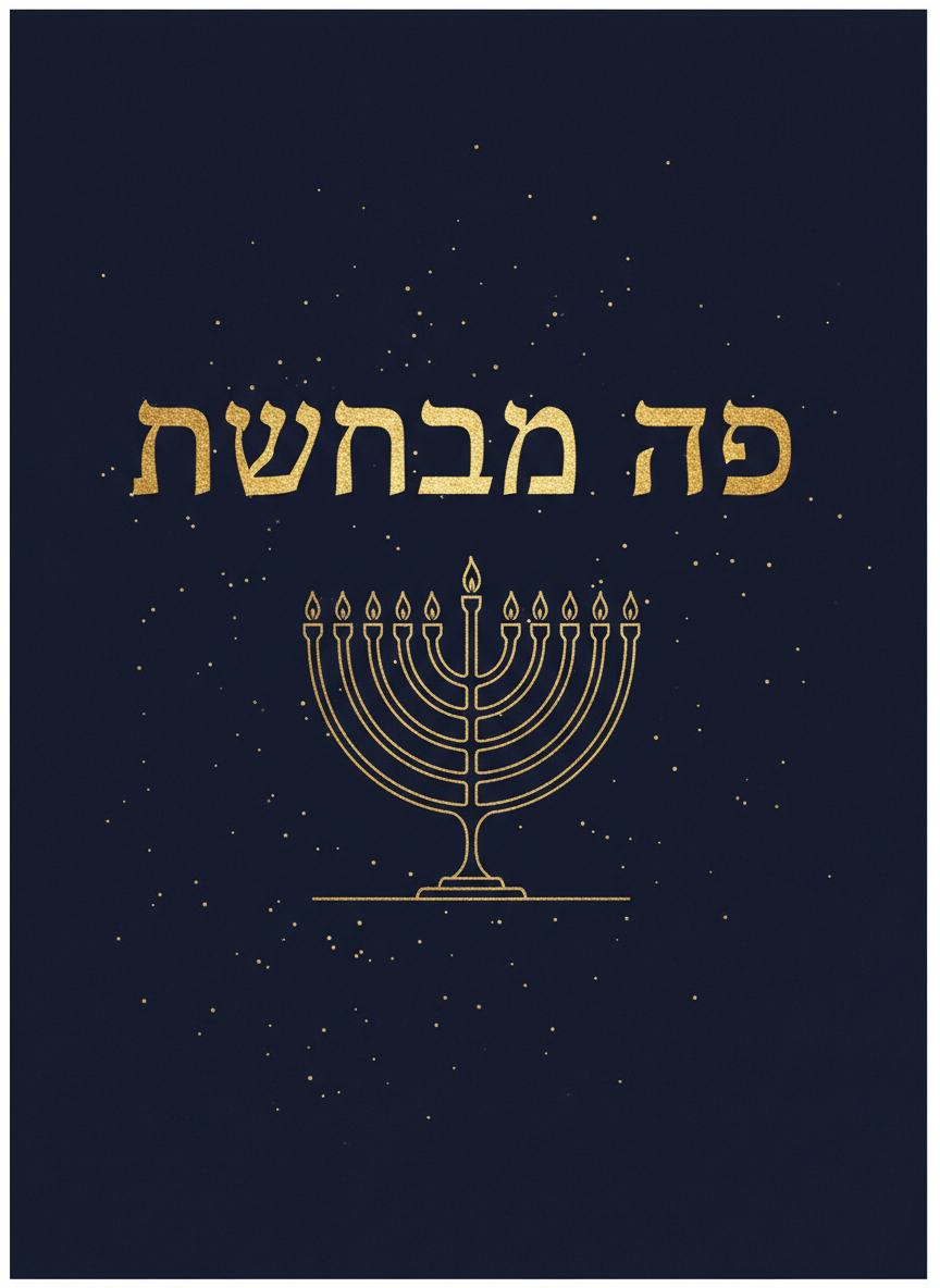 AI Hanukkah card generator example — a navy and gold card with large gold foil Hebrew lettering above a line drawing of a menorah