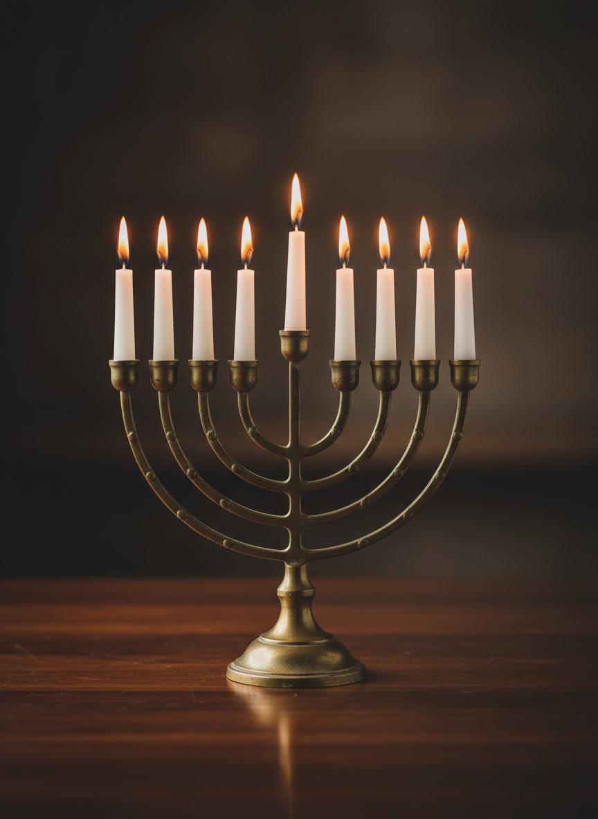AI Hanukkah card generator example — a brass menorah on dark wood holding nine lit candles with a raised shamash in the centre