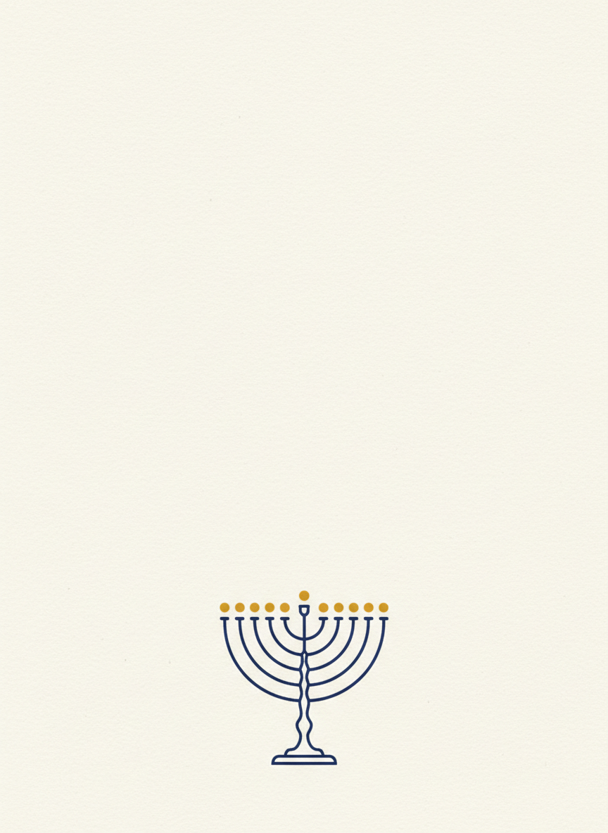 AI Hanukkah card generator example — a minimal bone white card with a small navy line menorah and nine mustard flame dots
