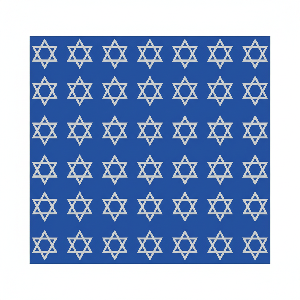 AI Hanukkah card generator example — a royal blue repeating gift wrap pattern of silver six pointed star outlines in a grid
