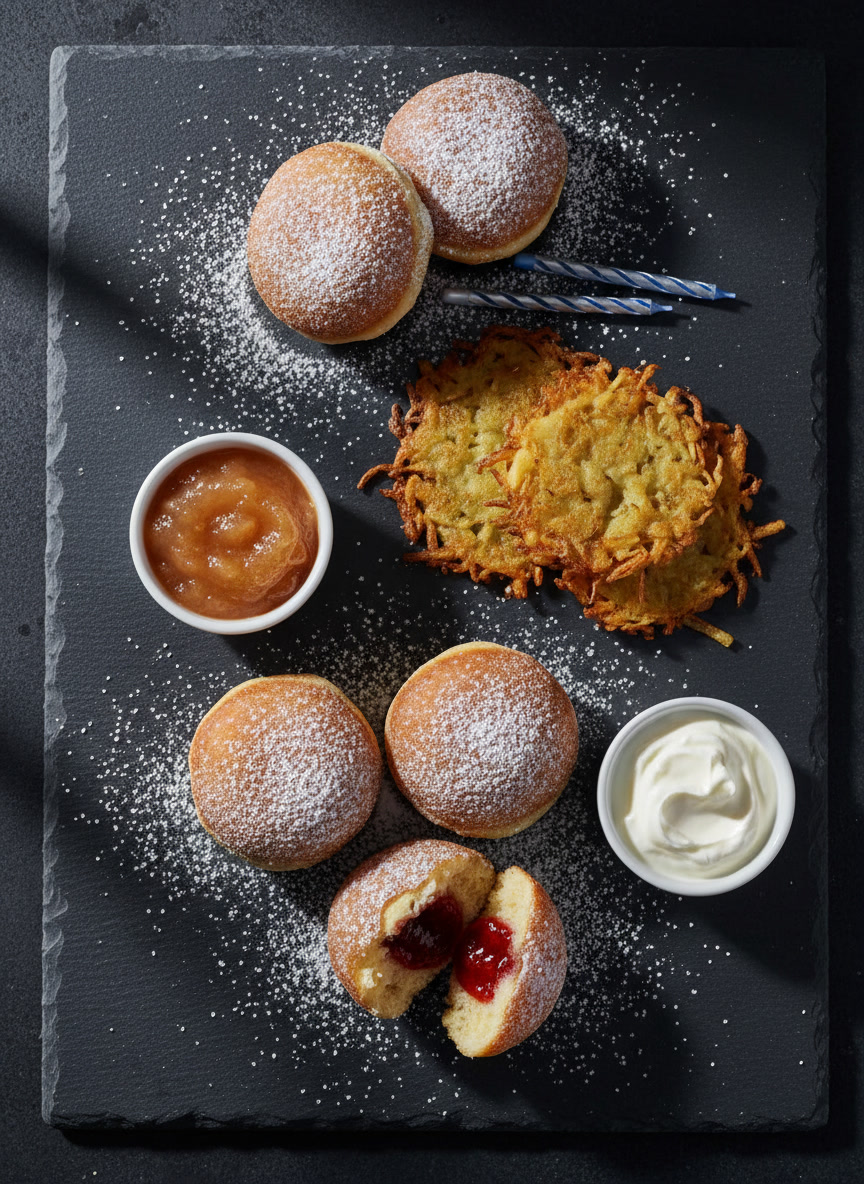 AI Hanukkah card generator example — an overhead photograph of sufganiyot dusted with icing sugar, latkes, apple sauce and sour cream on dark slate