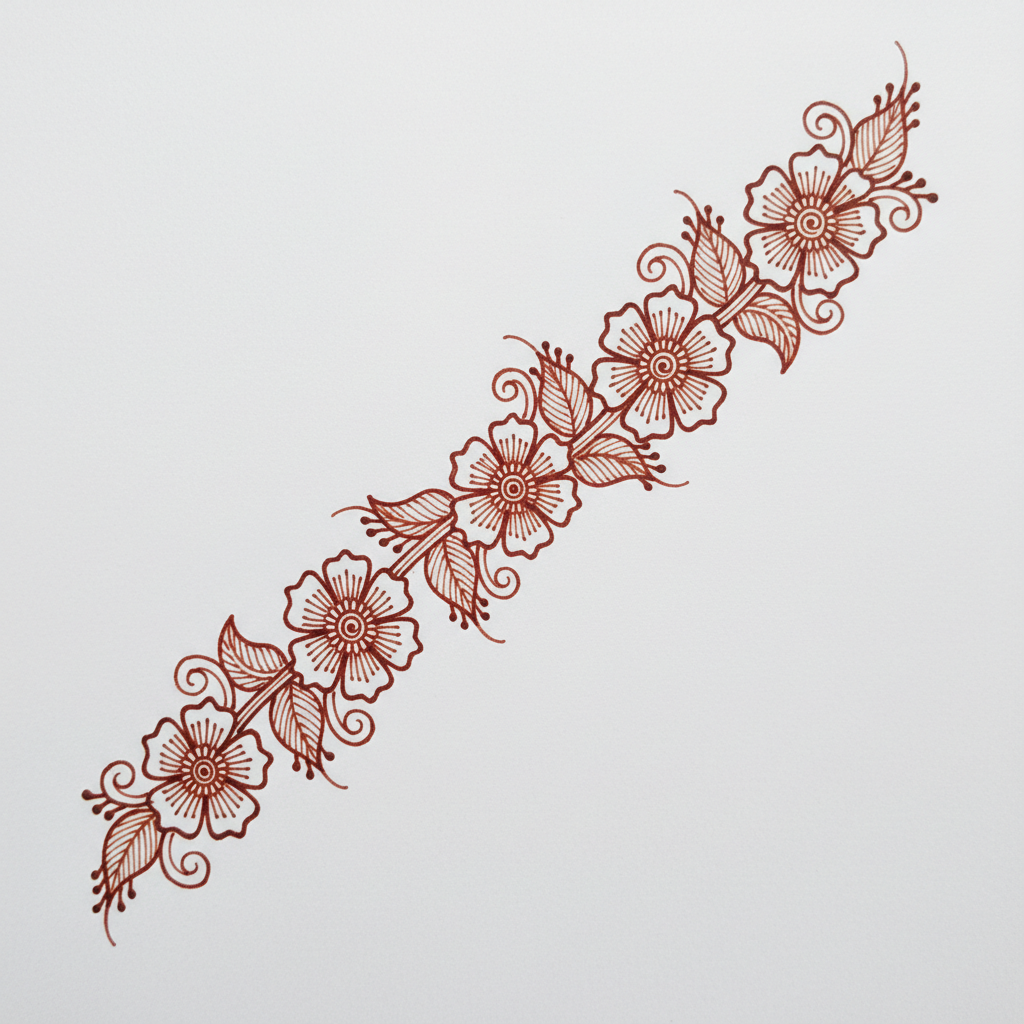 AI henna design generator example — a flat reference sheet with an Arabic style diagonal trailing mehndi vine and five flowers