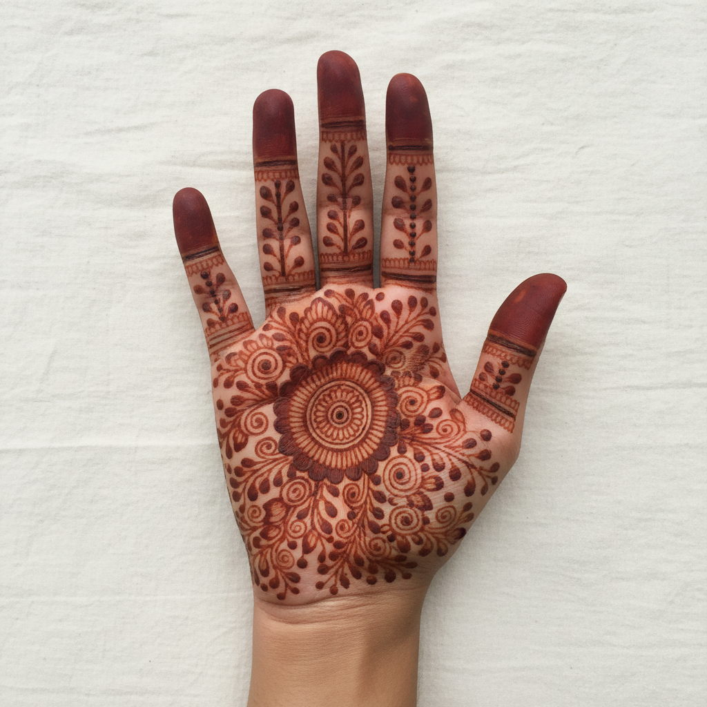 AI henna design generator example — a palm-up hand covered in a dense Indian bridal mehndi design with a central medallion
