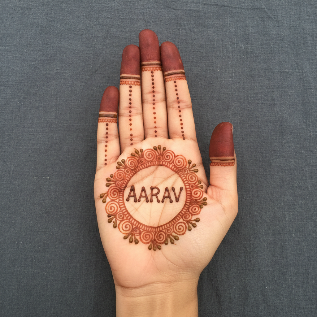 AI henna design generator example — a palm with the name AARAV drawn in henna inside a ring of curling mehndi vines