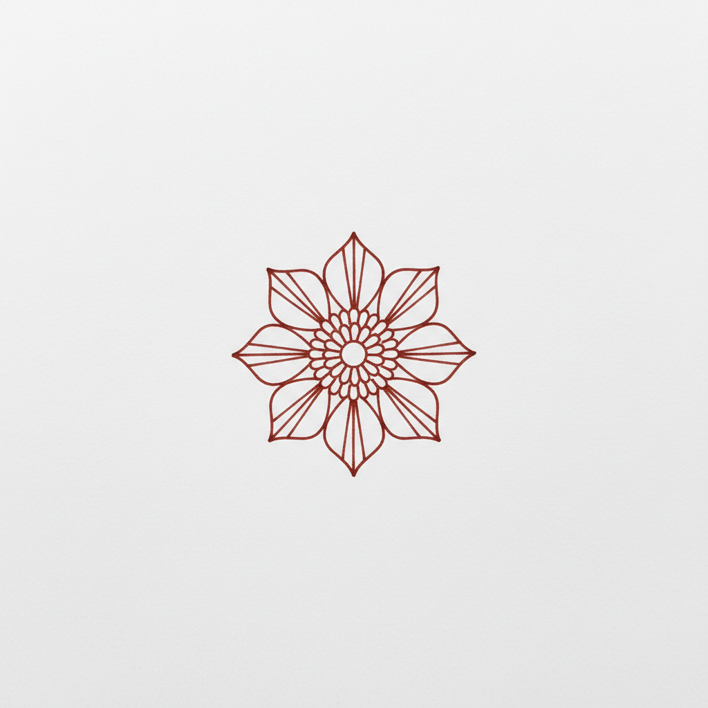 AI henna design generator example — a flat mehndi reference sheet with a circular mandala medallion with eight radiating petals