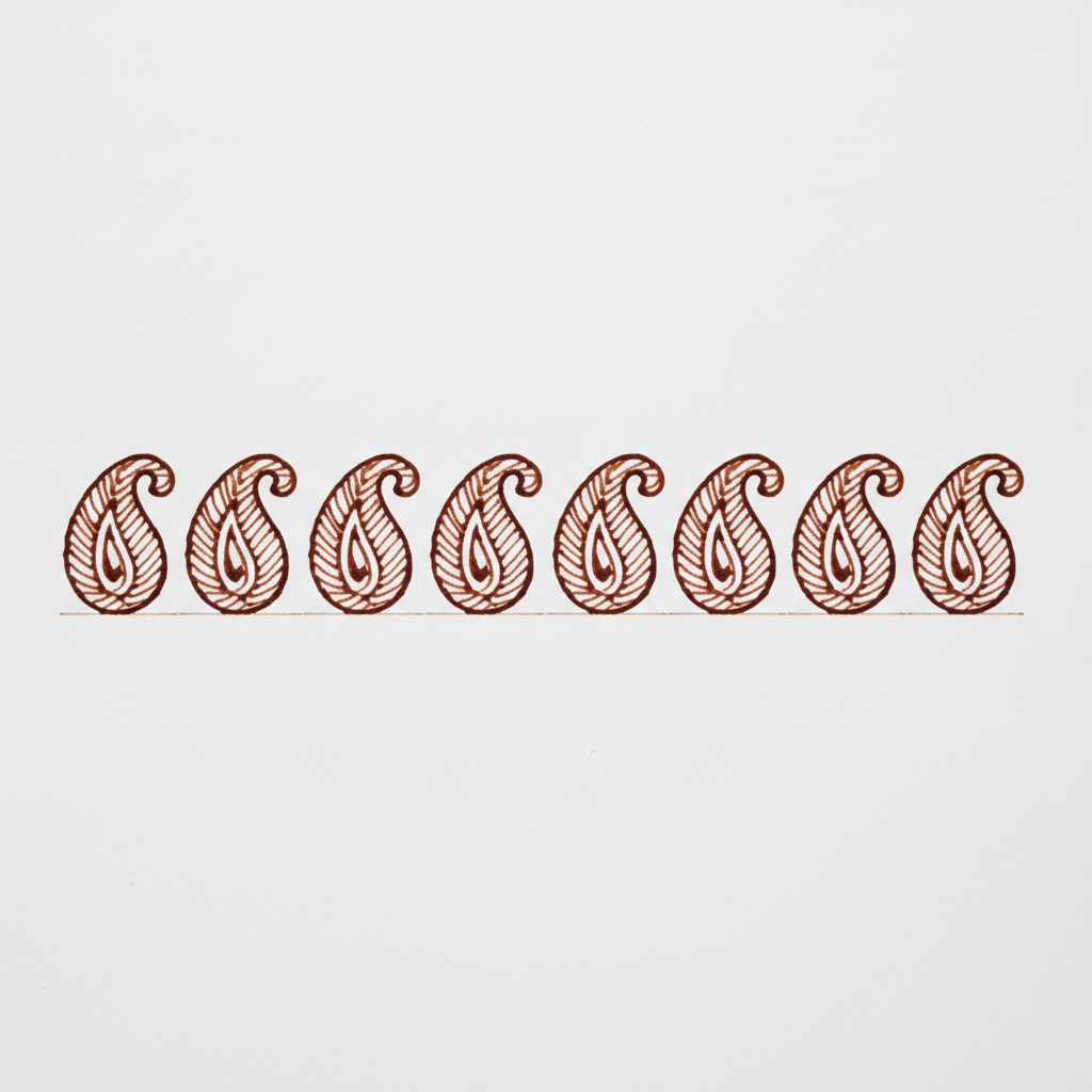 AI henna design generator example — a flat reference sheet with a row of eight identical paisley mango mehndi motifs