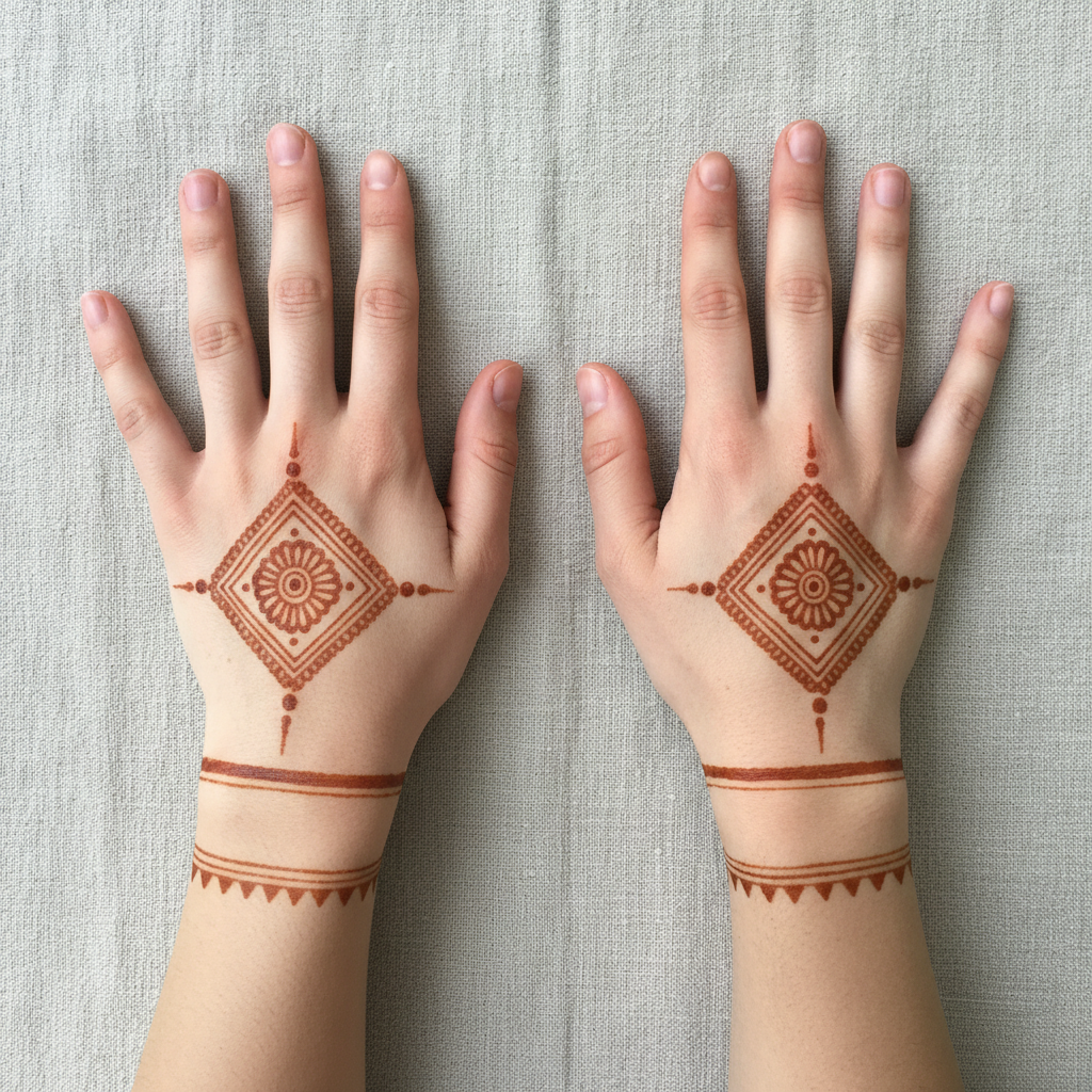 AI henna design generator example — two hands side by side with mirrored knuckle diamond mehndi motifs and wrist cuff bands