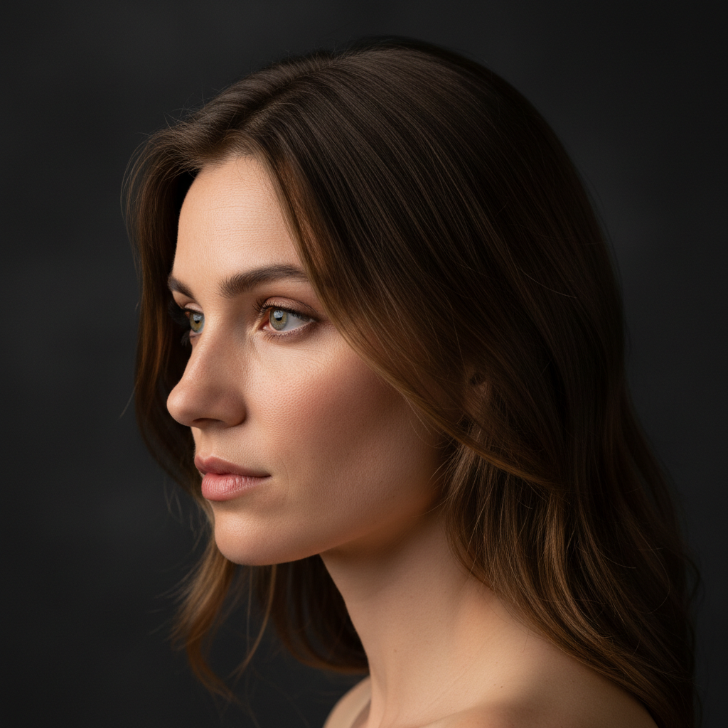 Photorealistic AI generated studio portrait with fine skin texture and soft rim lighting, produced from a single text prompt