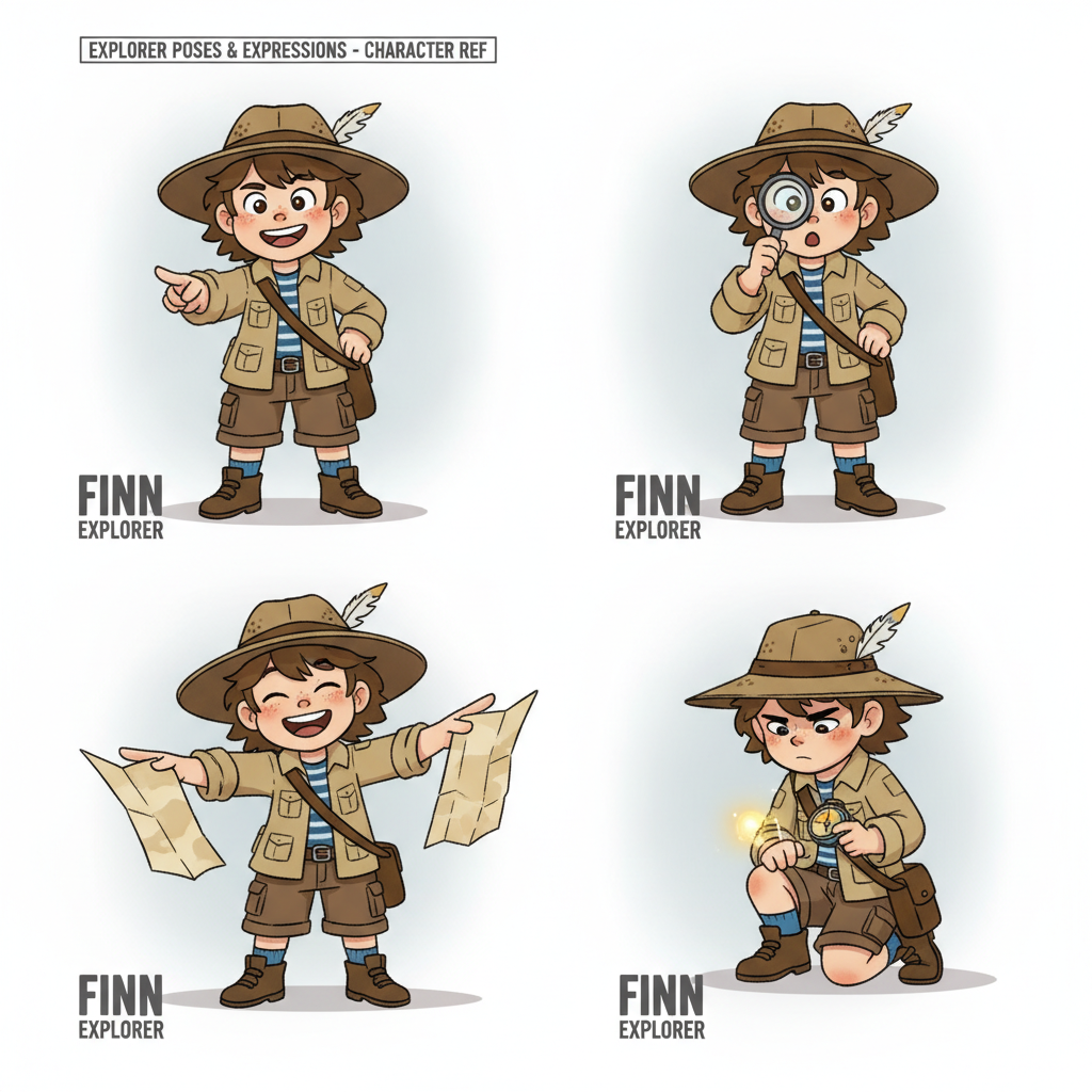 Character design reference sheet generated by AI showing the same stylized explorer character in four consistent poses
