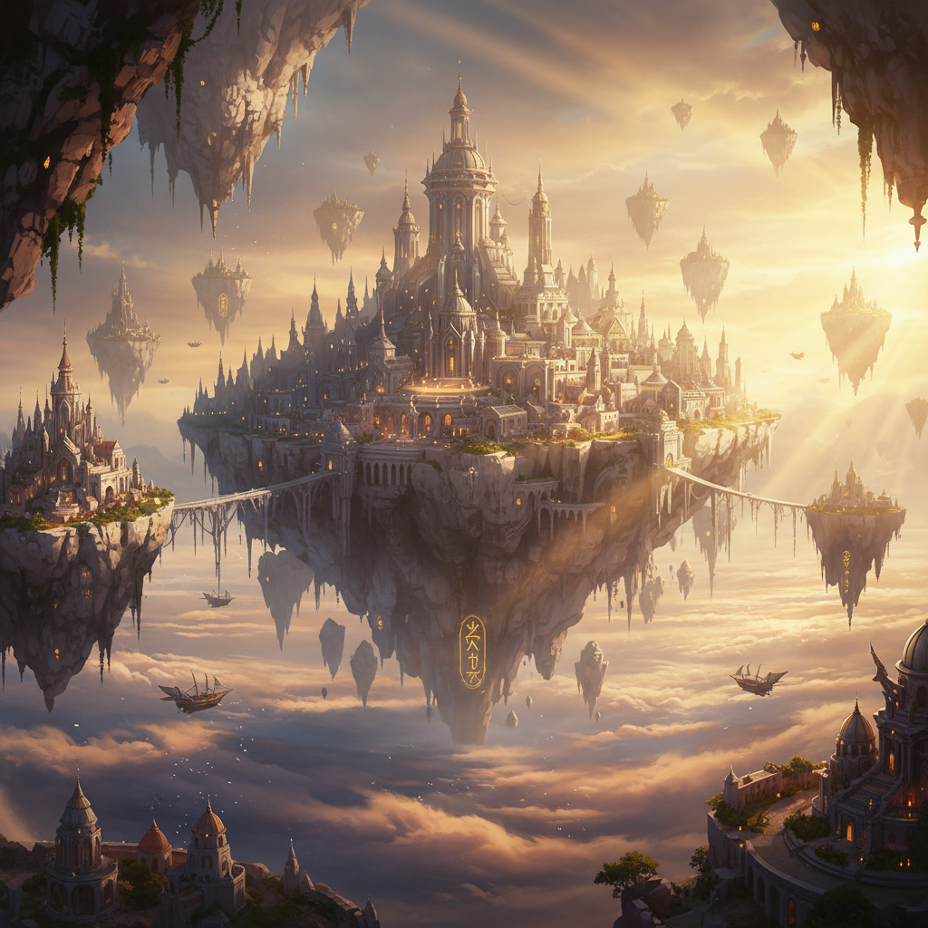 Cinematic AI generated fantasy concept art of a ruined clifftop citadel above a misty valley at golden hour with dramatic volumetric lighting