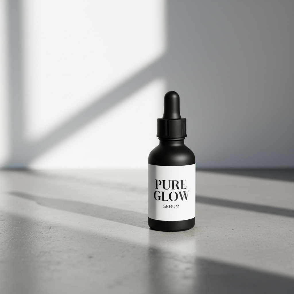 Clean AI generated commercial product photograph of a matte black serum bottle with a crisp legible label, shot on a polished concrete surface with soft studio lighting