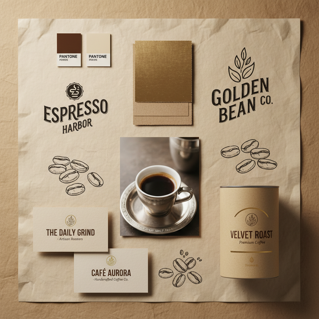 AI brand identity mood board for a coffee brand with espresso color palette, kraft paper, retro typography sketches and packaging mockups