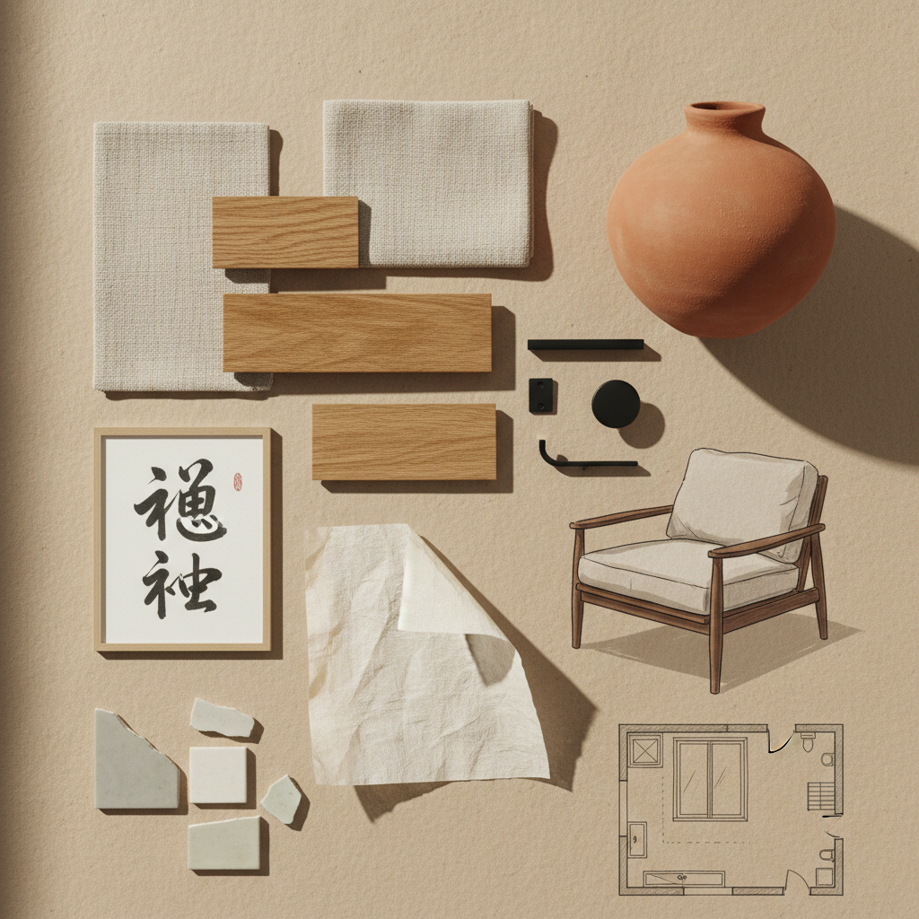 AI mood board for Japandi interior design with oak wood, oat linen, matte black hardware and terracotta vase samples in flat-lay collage