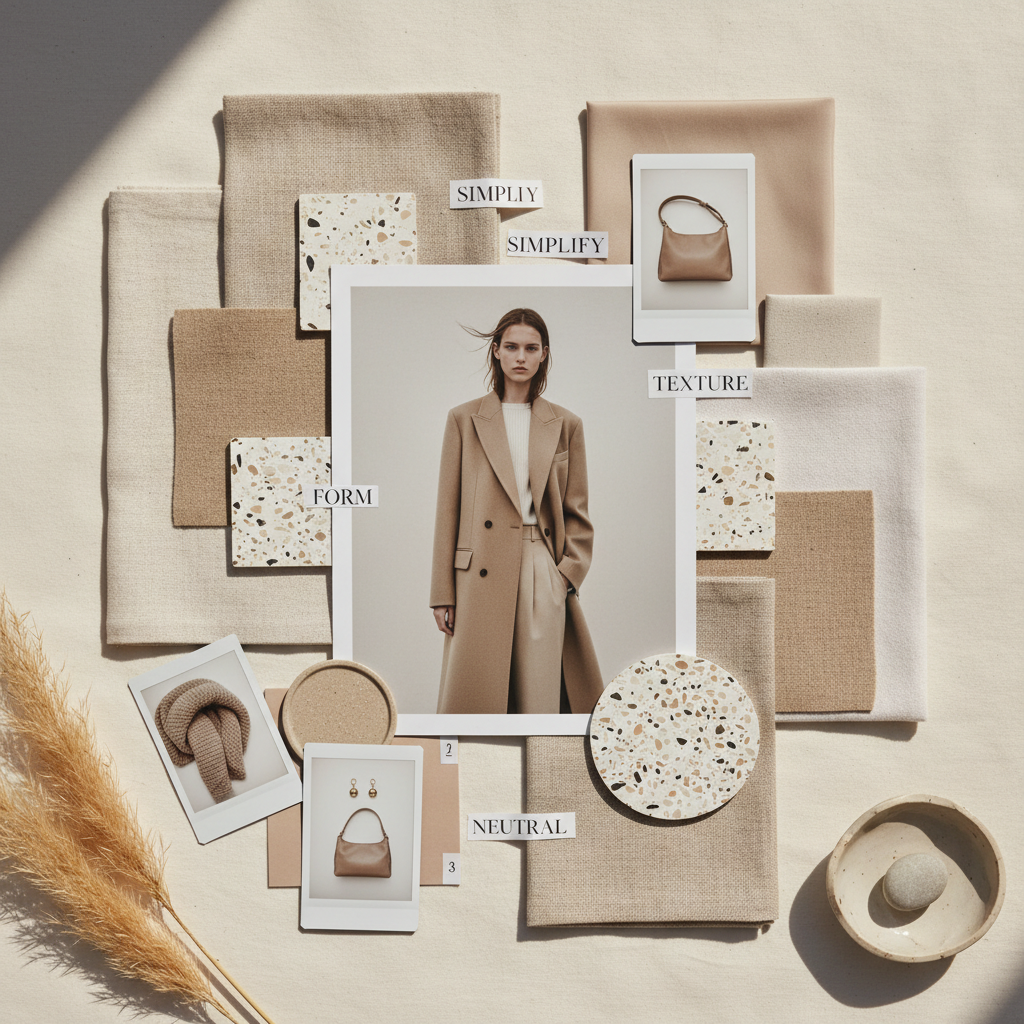 AI mood board creator output of a minimalist fashion mood board with beige neutral palette, linen textures and editorial photography in flat-lay collage style