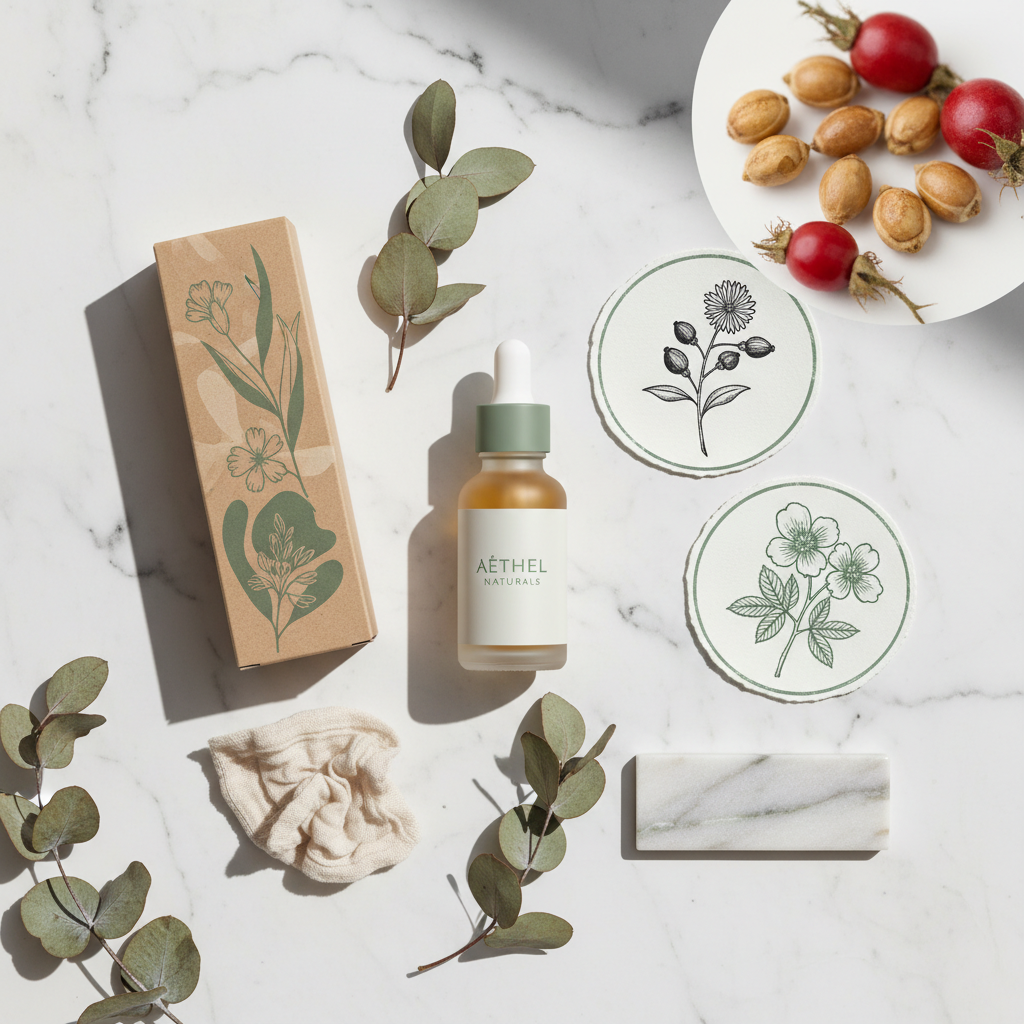 AI product launch mood board for clean beauty brand with sage green palette, eucalyptus, frosted dropper bottle and recycled kraft packaging mockups