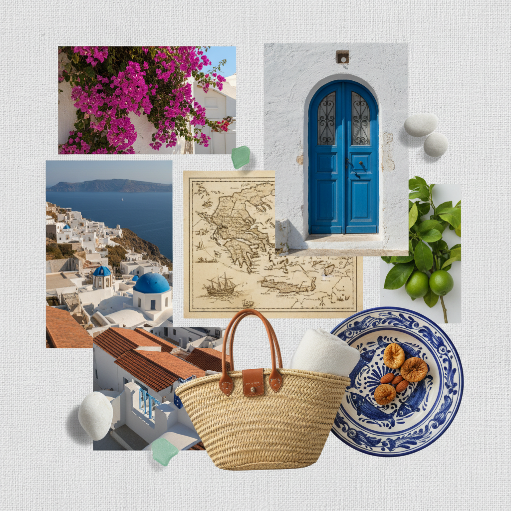 AI travel mood board for a Greek island trip with cobalt blue and white palette, bougainvillea, Santorini door and terracotta rooftop imagery