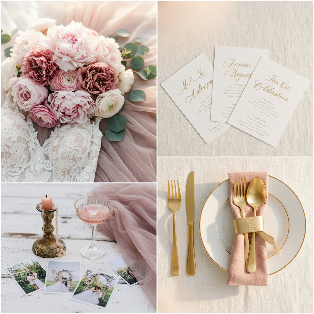 AI mood board with blush pink wedding palette, peony florals, lace textures and calligraphy invitation samples in editorial flat-lay collage