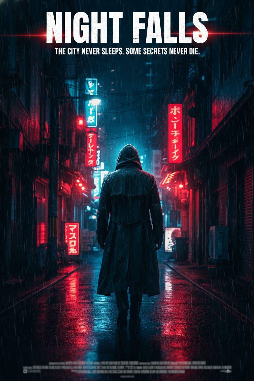 AI film poster maker action thriller in neon Tokyo with hooded protagonist