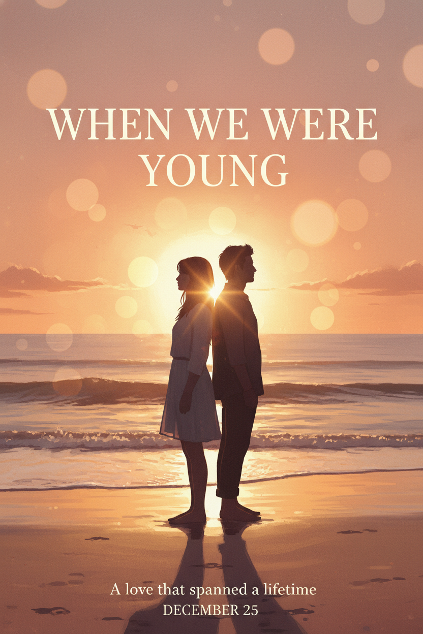 Cinematic poster ai romantic drama silhouettes at golden hour beach