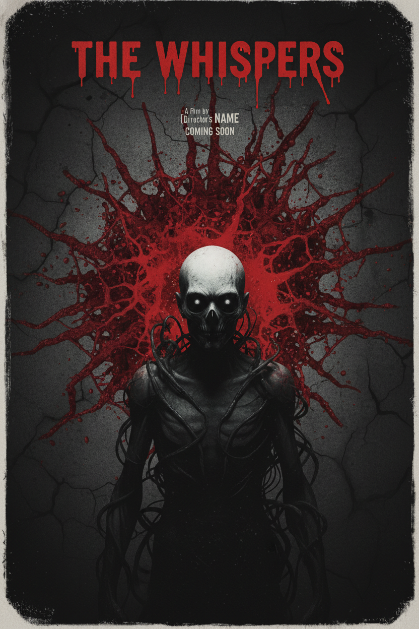 AI cinema poster horror style with eerie figure and blood red background