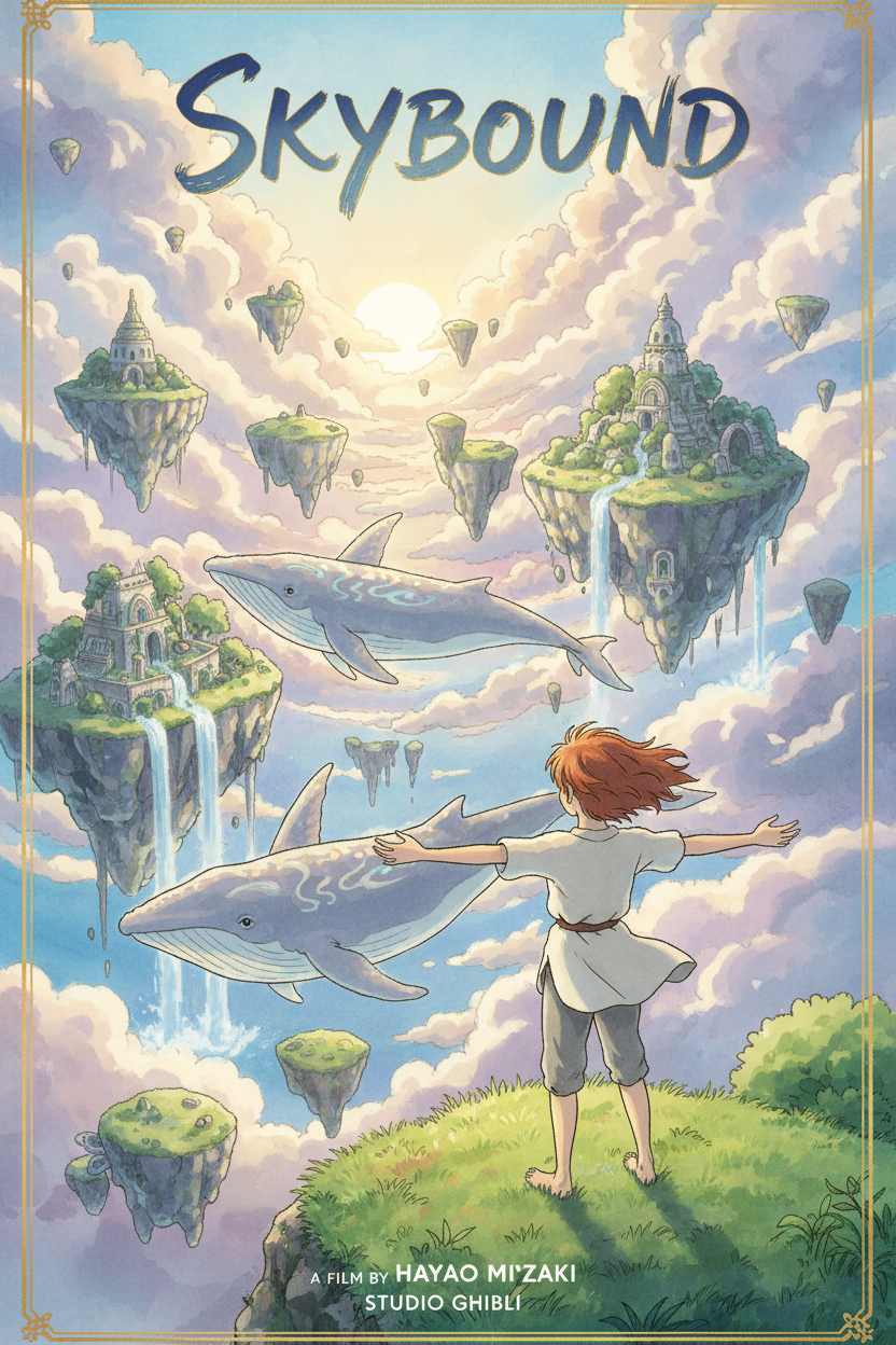 Movie poster ai generator Studio Ghibli anime style with floating sky islands