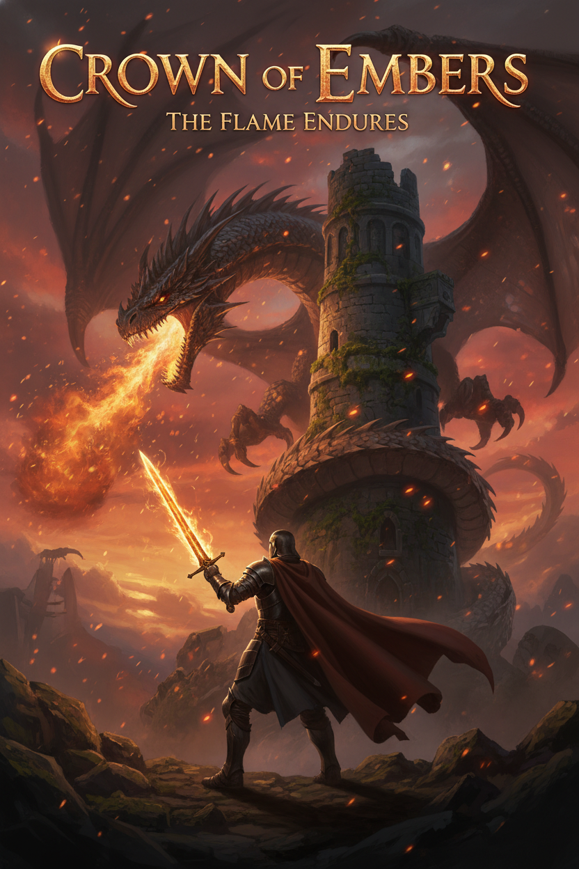 Fictional movie poster fantasy epic with armored warrior and dragon