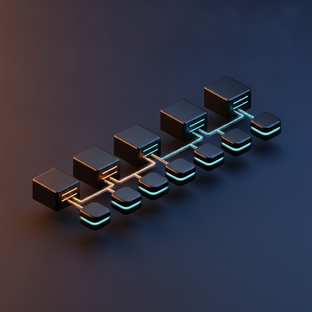 Isometric illustration of a backend data pipeline on a deep navy ground, a diagonal row of dark server cubes linked by glowing amber and teal conduit lines to smaller rounded nodes, generated for developer documentation