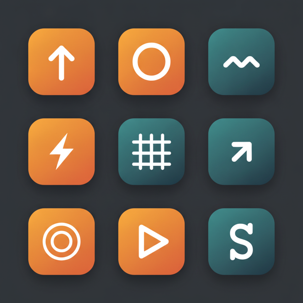 A three by three grid of modern rounded-square app icons on a dark charcoal background, each with a smooth orange or teal gradient and a simple white glyph such as an arrow, bolt or grid, batch generated from a Node.js worker