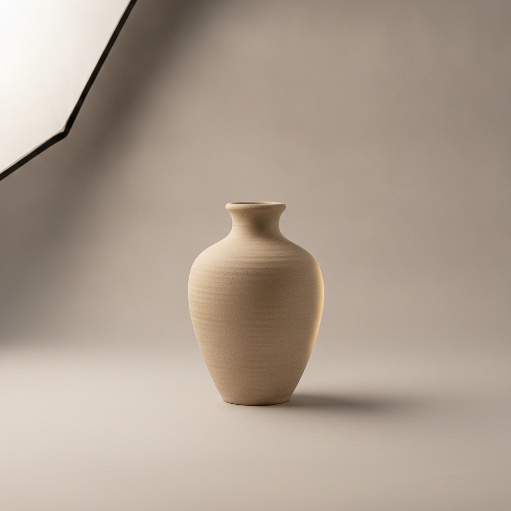 Studio product photograph of an unbranded matte sand-coloured ceramic vase on a seamless warm grey sweep with the softbox edge visible in frame, the catalogue thumbnail style an e-commerce backend generates per SKU