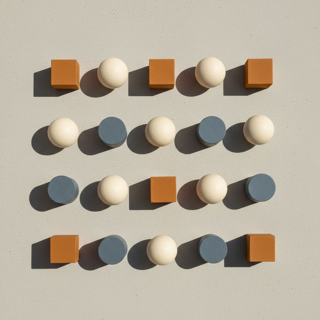 Overhead flat lay of twenty orange cubes, cream spheres and slate-blue discs laid out in four rows of five on a pale grey surface under even directional light, showing batch output consistency