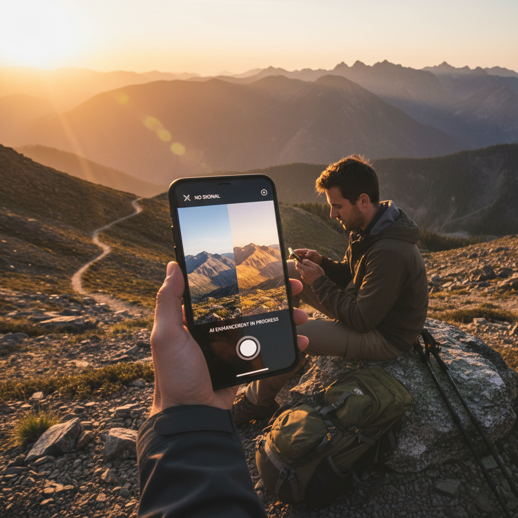 Traveler using on-device AI image editing to enhance a landscape photo offline
