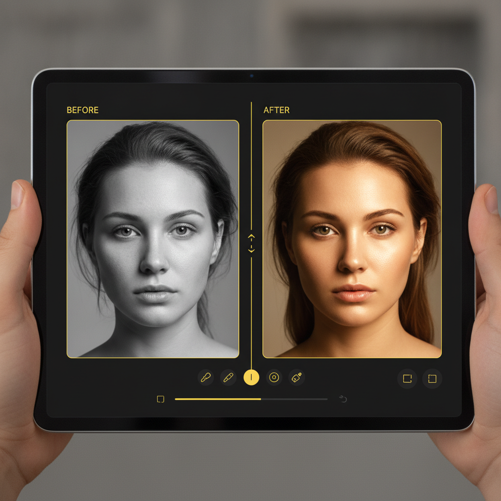 Before and after of a dull portrait enhanced with on-device AI image editing on a tablet