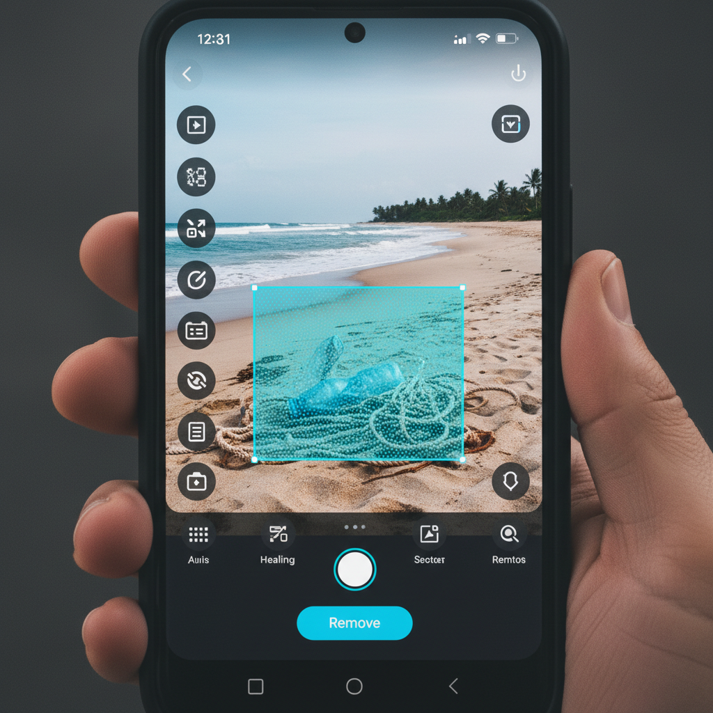 Mobile AI photo editor removing an unwanted object from a beach photo