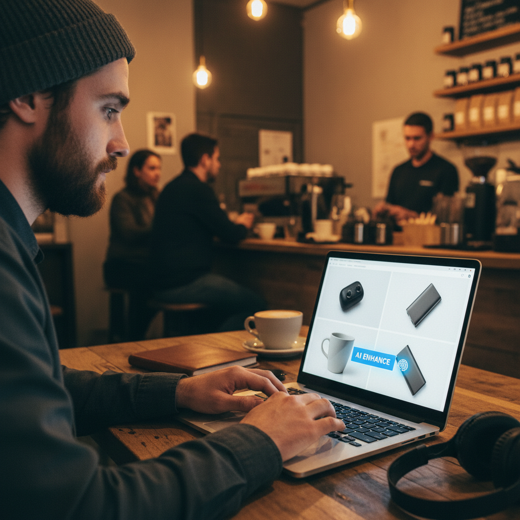 Photographer editing product photos with on-device AI image editing on a laptop
