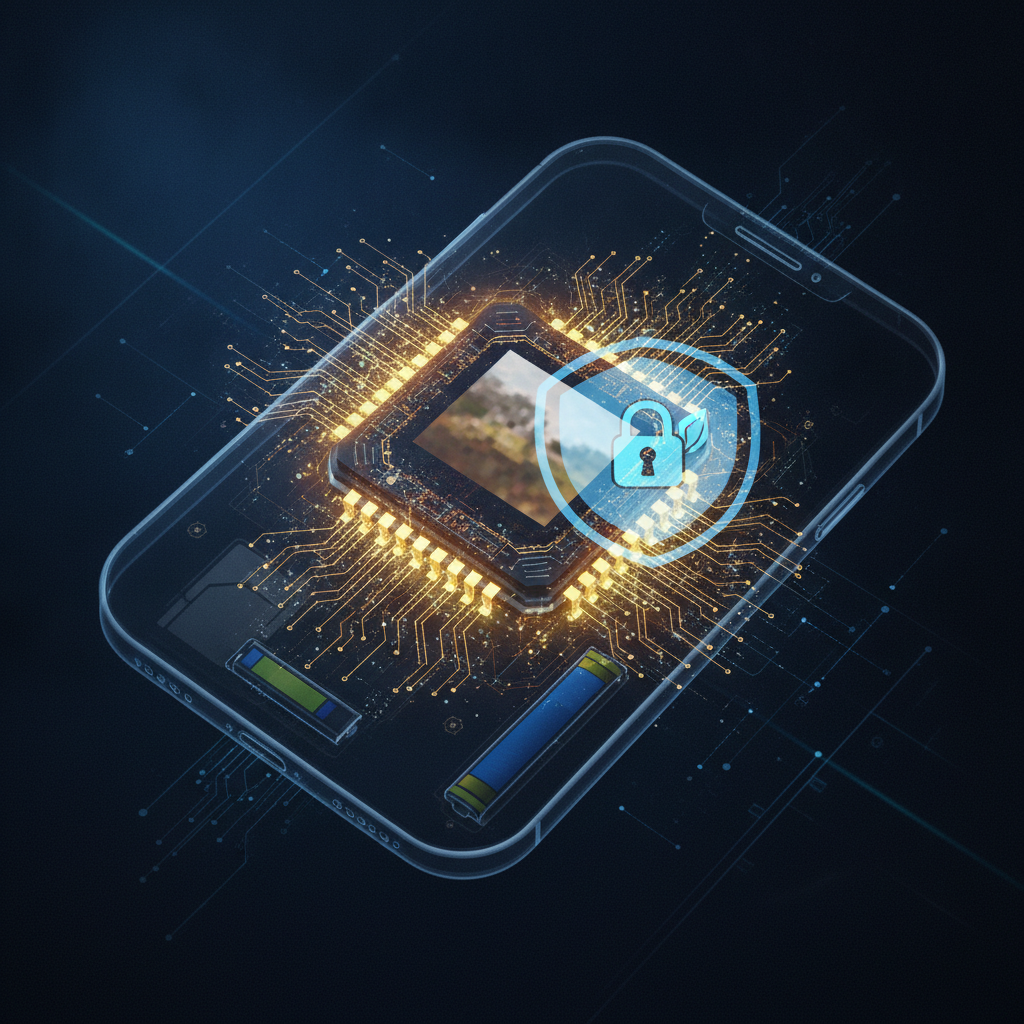 Illustration of an AI chip processing a photo locally on a phone for on-device photo enhancement
