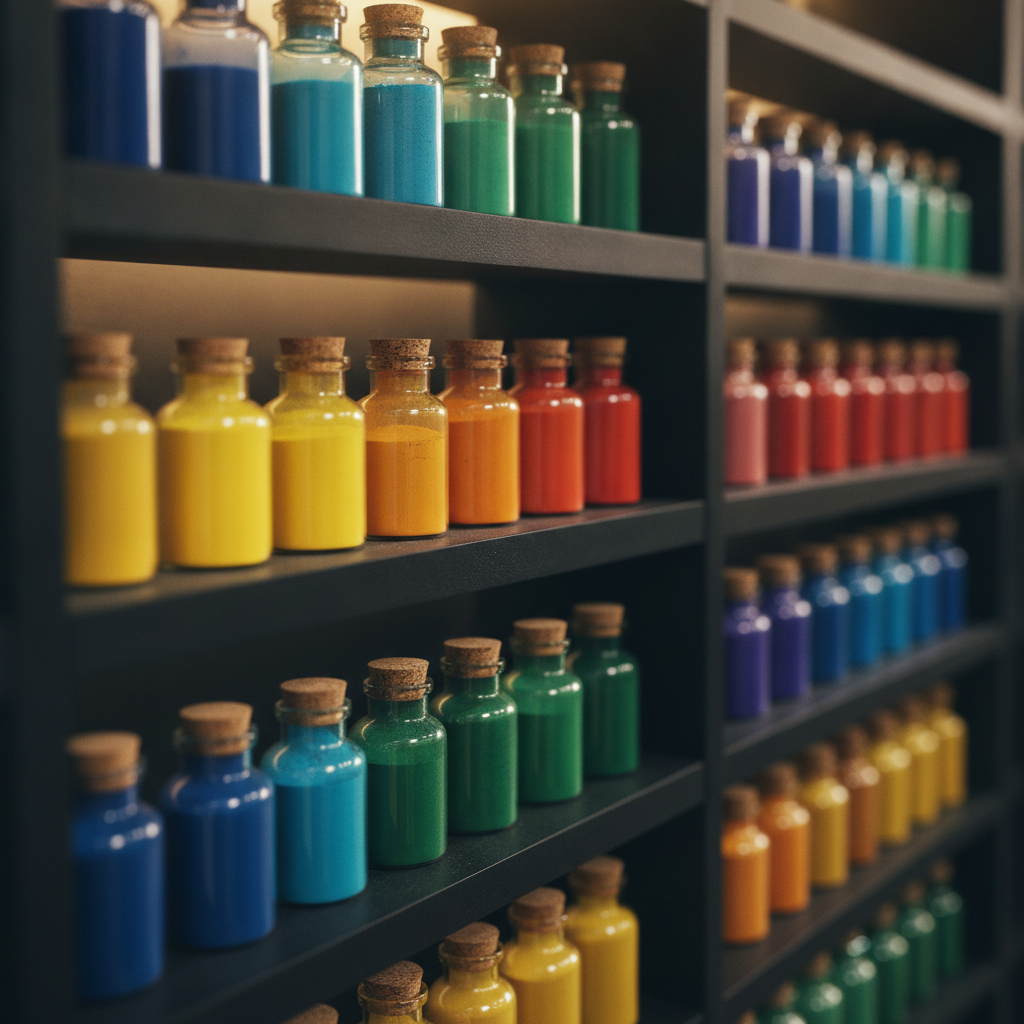 AI image generation model variety — rows of coloured pigment jars on matte black shelving under warm studio light
