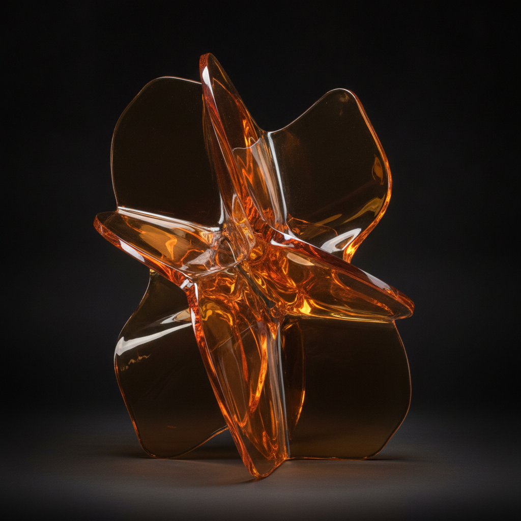 Open weight models layered together — interlocking translucent amber glass panels on a dark background