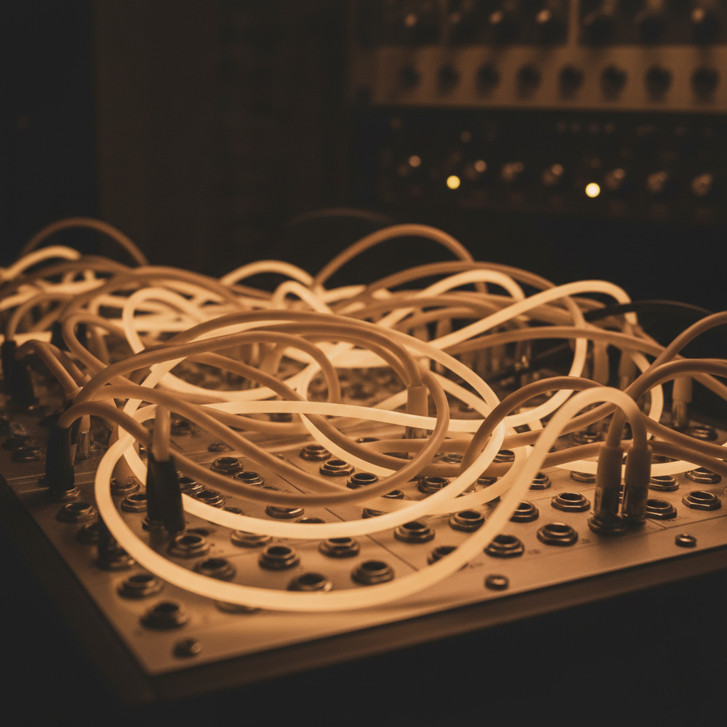 Node-based AI art features workflow — a modular synthesiser patch bay with tangled amber cables in a dark studio