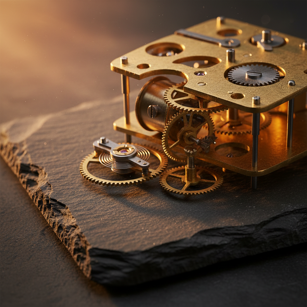 Open-weight ai image tools internals — an exposed mechanical clock movement with brass gears on dark slate