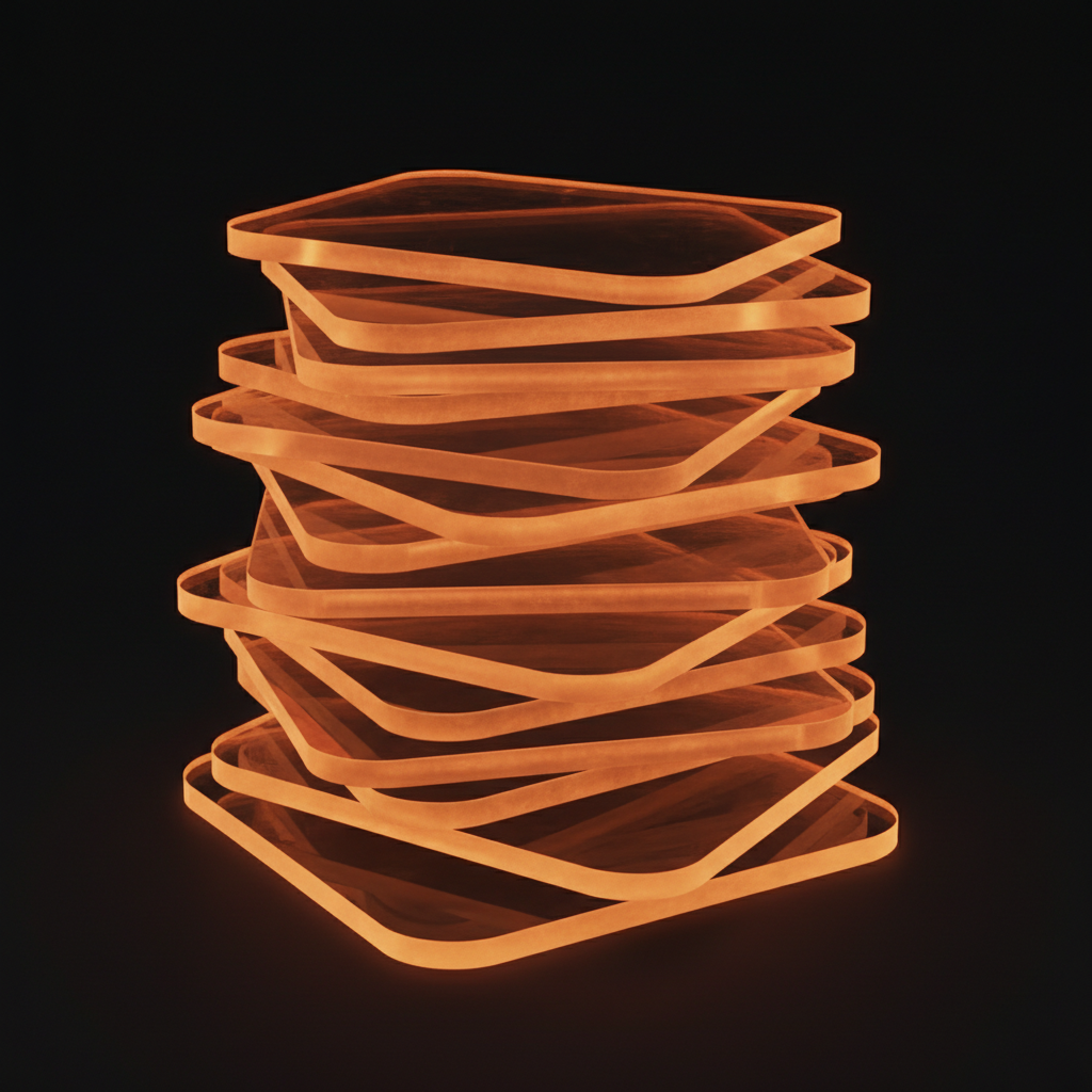 Dynamic ai tools output quality — a stack of layered translucent acrylic sheets glowing amber at the edges