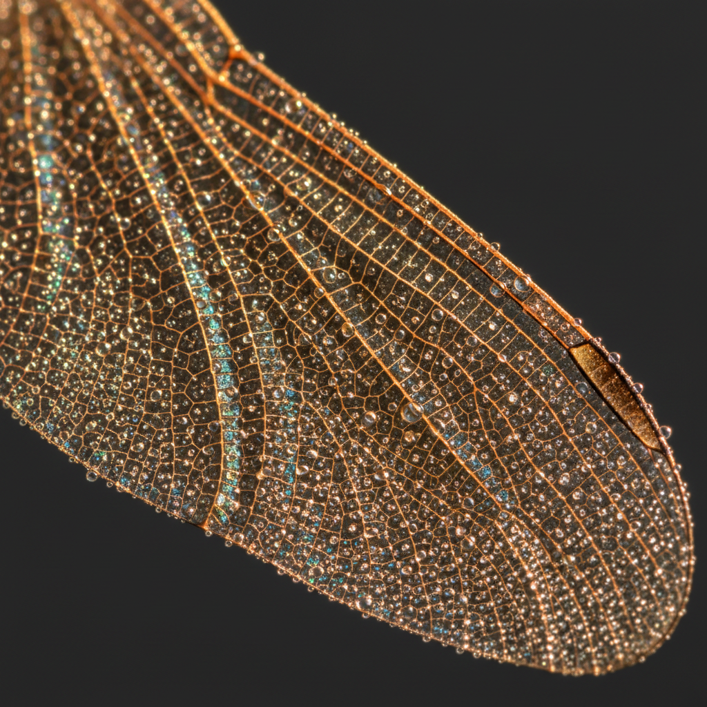 Extreme macro photograph of a dragonfly wing membrane beaded with dew droplets, backlit in warm amber against deep charcoal, every vein and interference band sharply resolved