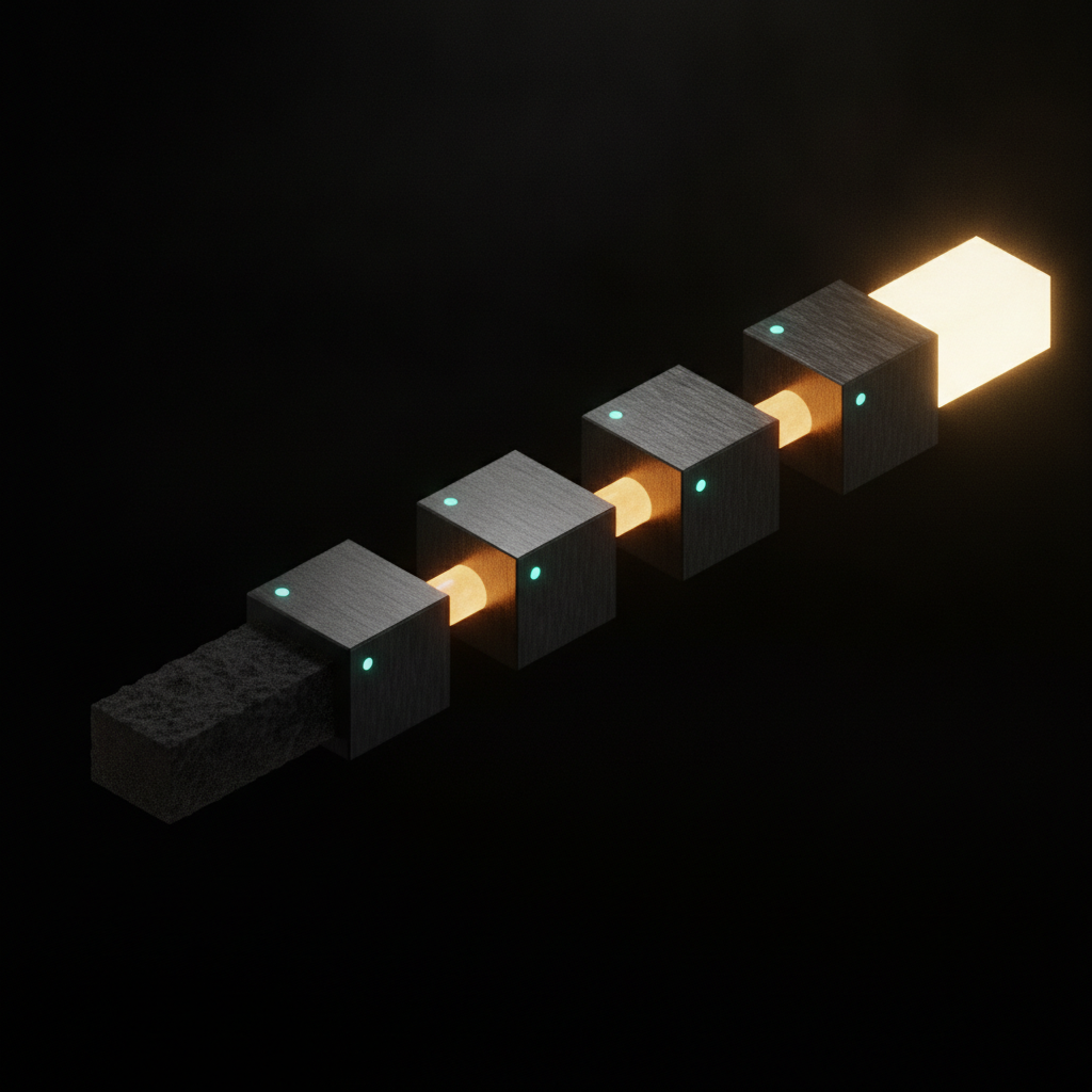 Isometric technical illustration of four dark brushed-metal cube modules in a diagonal line linked by glowing amber conduits, a rough grainy dark slab entering the first cube and a brilliant white-gold slab leaving the last, representing an agent-driven enhancement pipeline