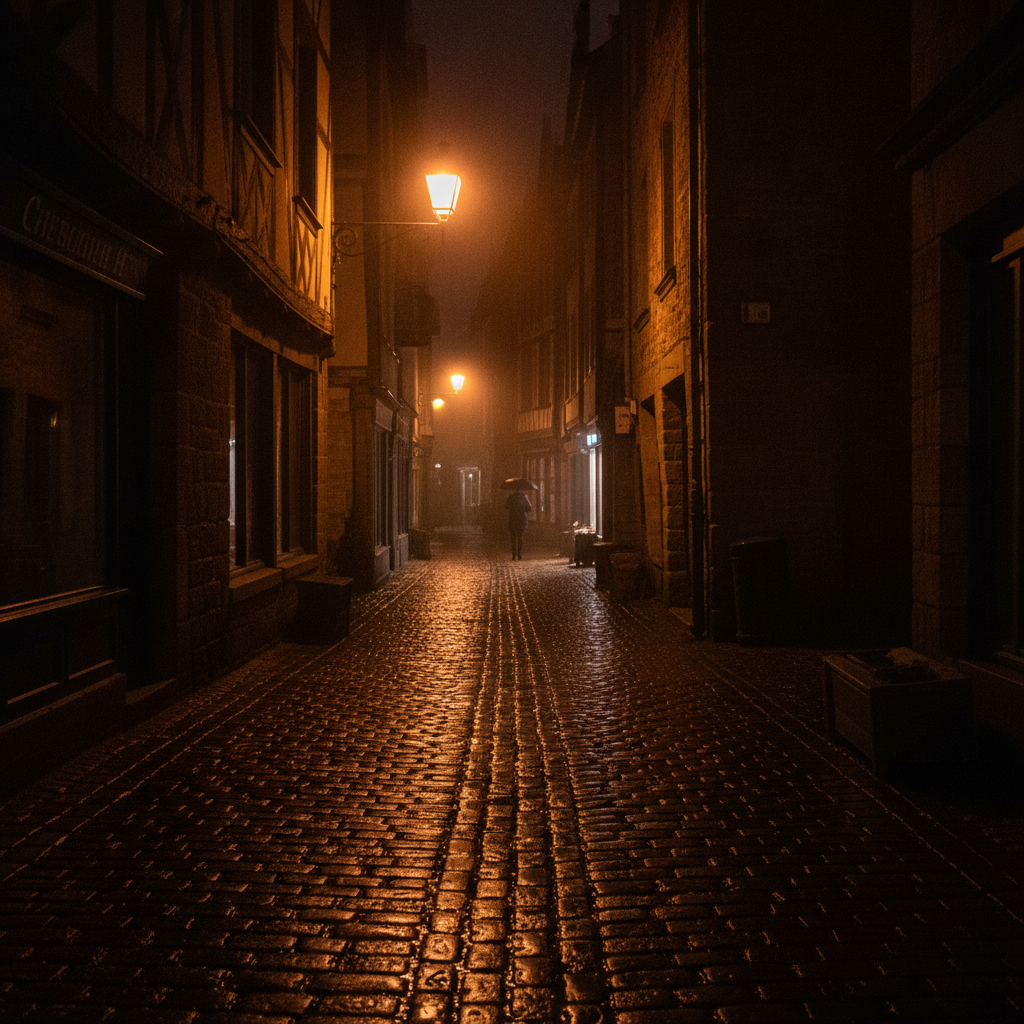 Rain-slicked cobblestone alley at night lit by a single warm sodium street lamp, deep shadows holding full detail with no visible noise, amber reflections pooling in the wet stones