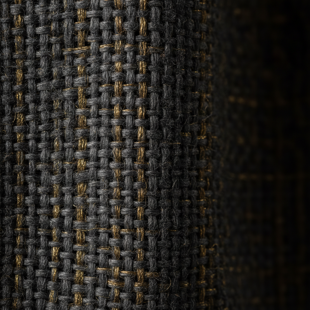 Extreme macro of a hand-woven textile in charcoal and antique gold thread under raking side light, individual fibres slubs and weave irregularities sharply resolved against a dark falloff background